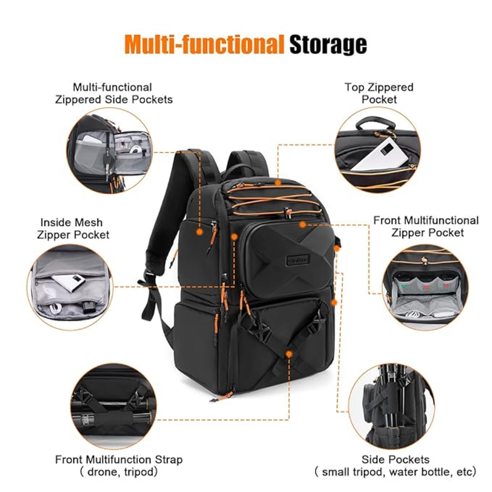 Multiple exterior pockets and tripod strap on Cwatcun D132 bag