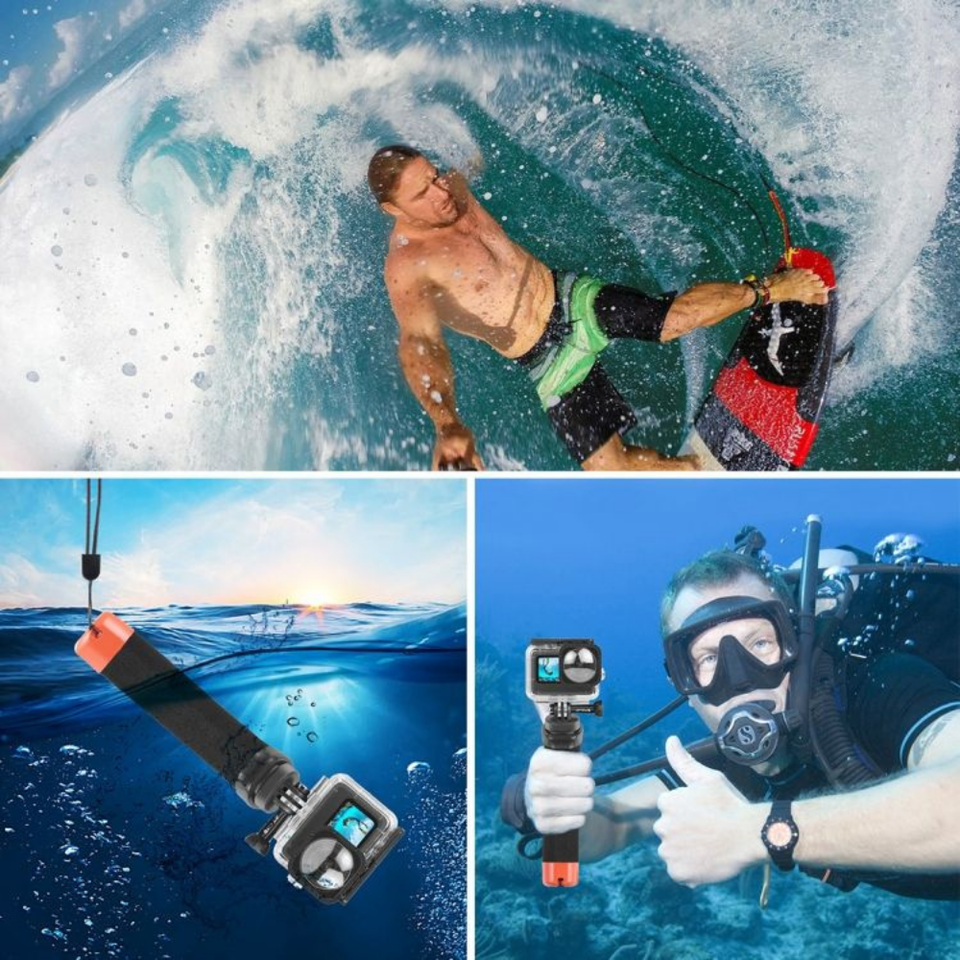 Action camera floating bobber grip with strong wrist strap