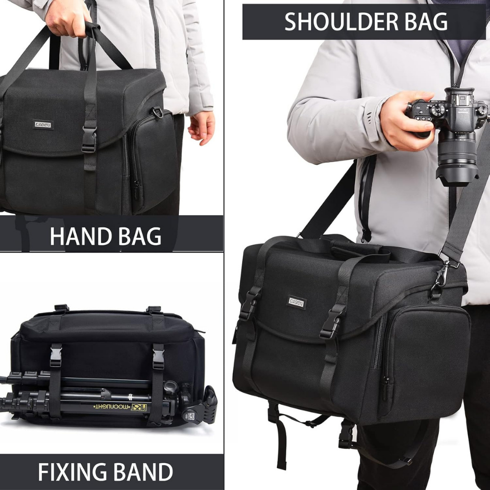 DSLR camera messenger bag with rain cover and tripod straps