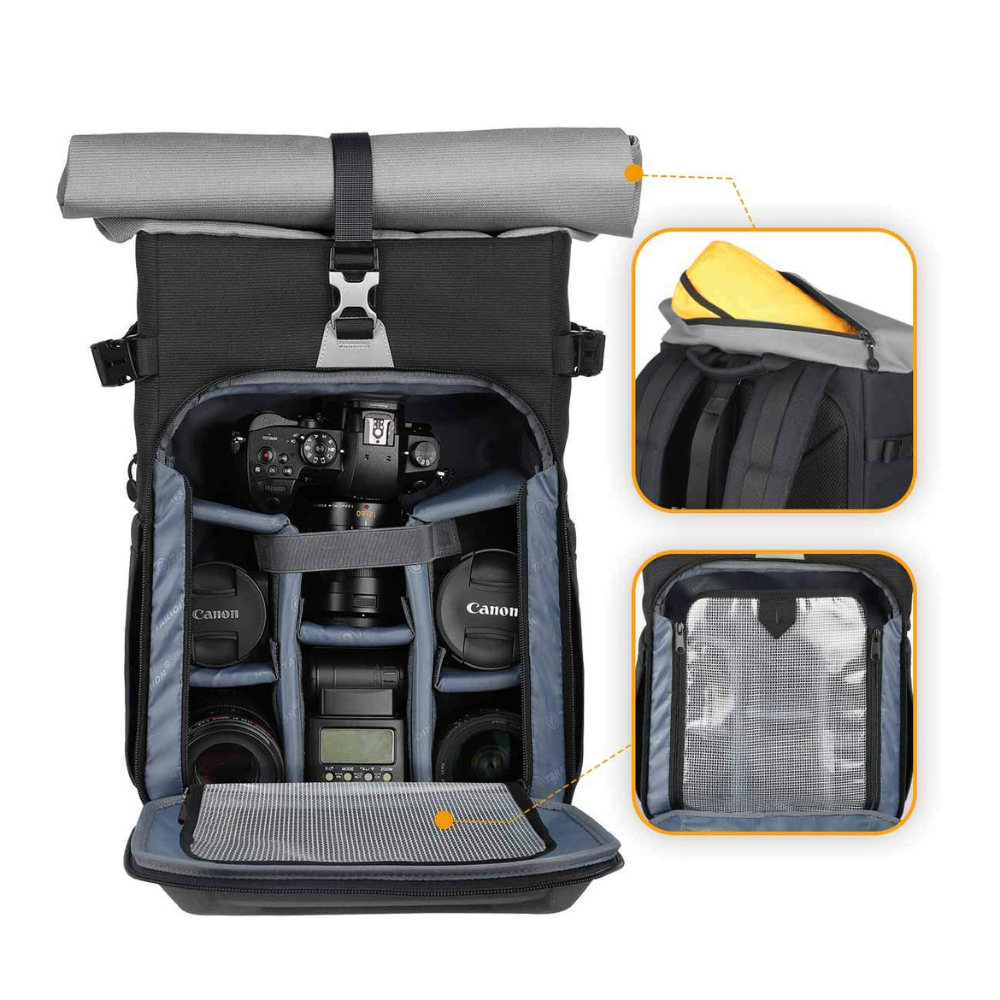 15 inch laptop compartment inside rolltop camera backpack