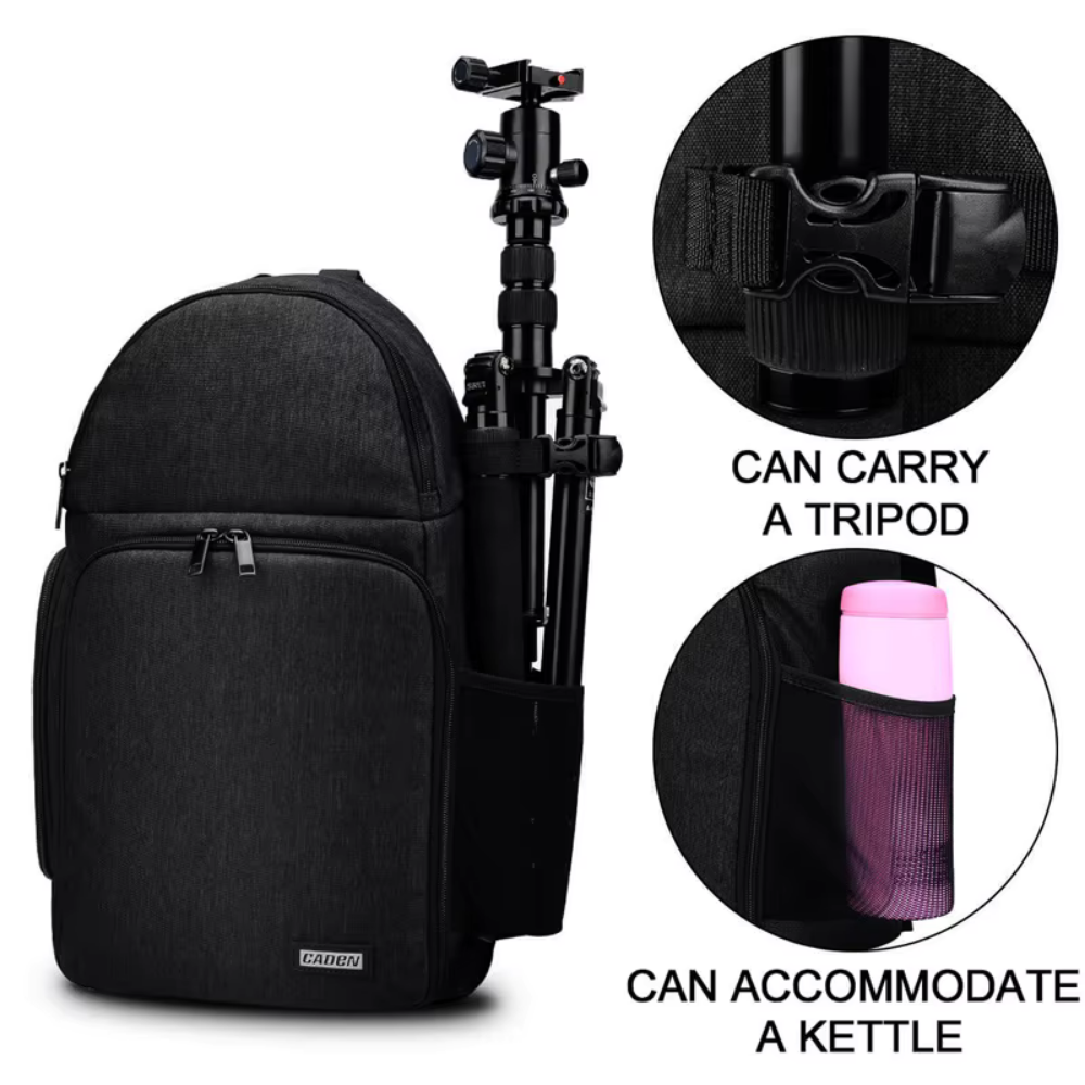 Side tripod holder and elastic mesh pocket for accessories