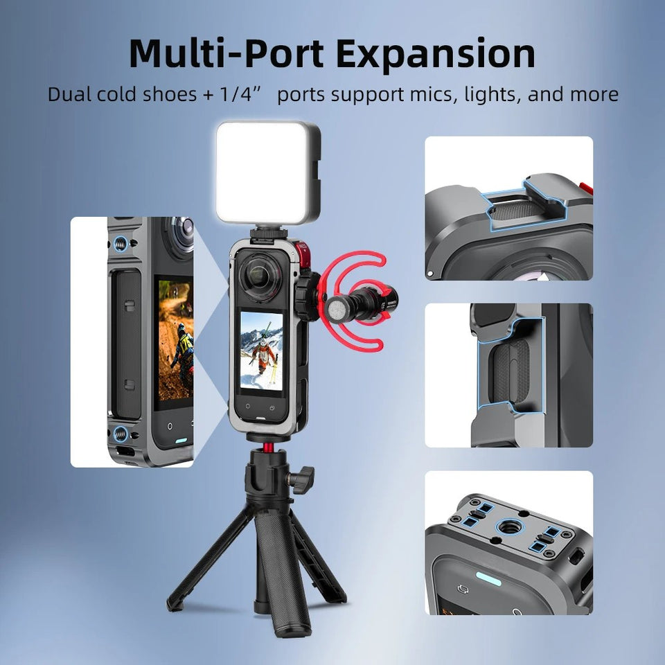 Insta360 X5 cage with protective lens cap