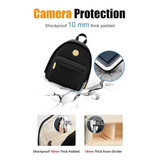 Tripod strap and elastic side pocket on photography backpack