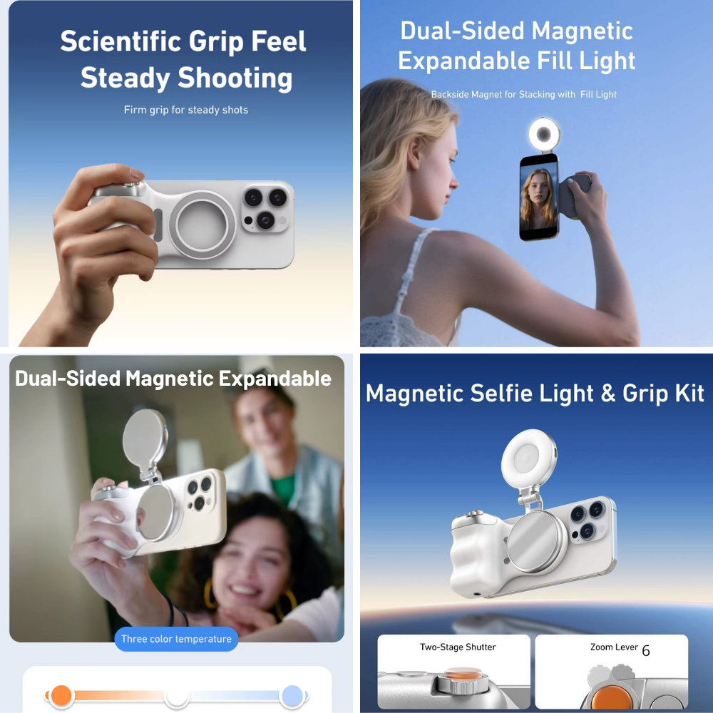 Portable selfie light and magnetic grip set for mobile creators