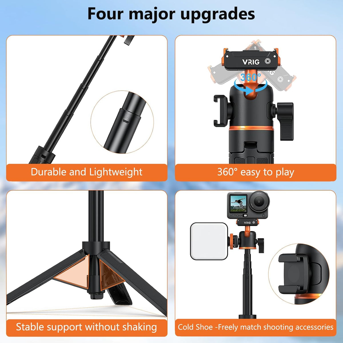 Telescopic selfie stick tripod extending from 8 to 21 inches