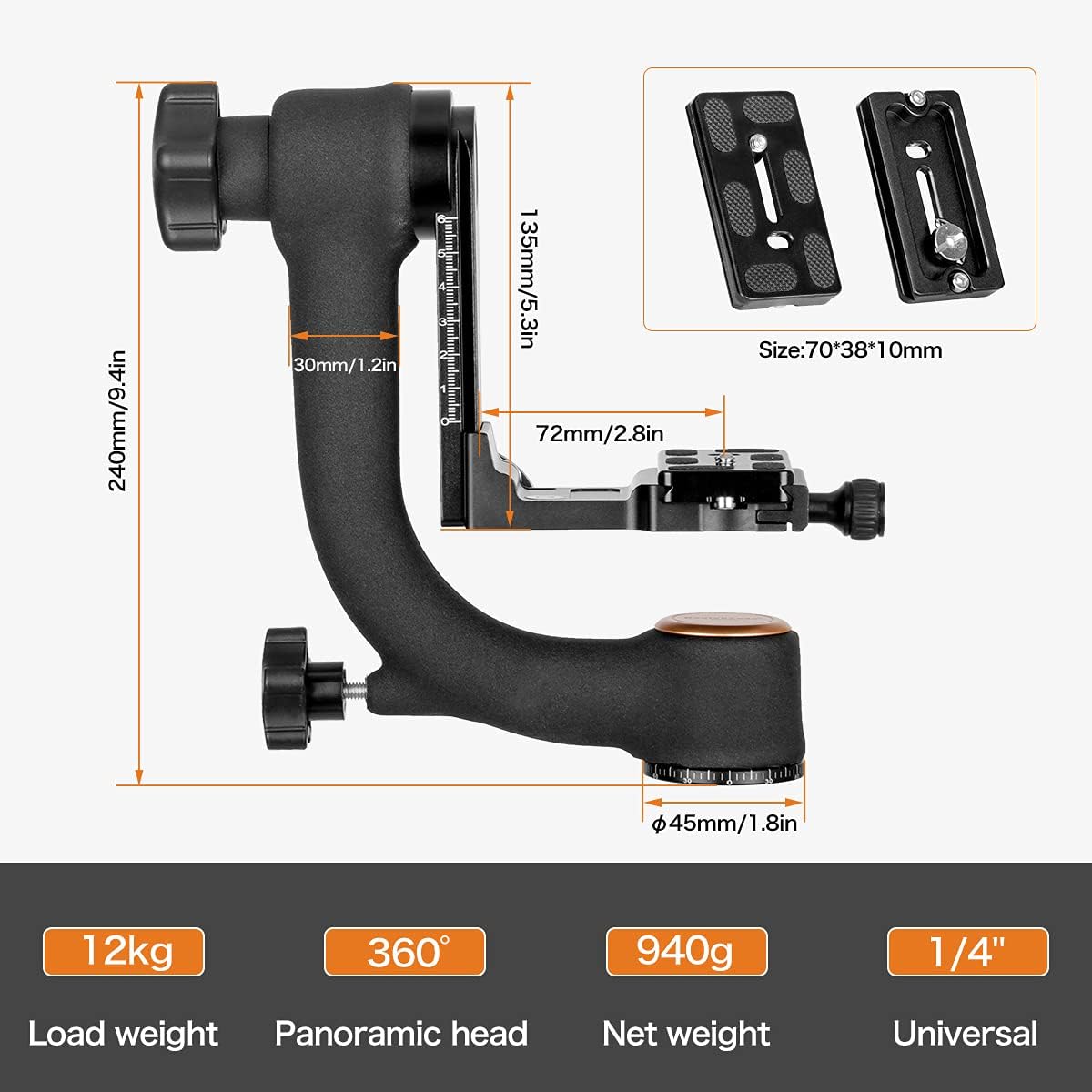Heavy Duty Tripod Gimbal Head – 360° Panoramic Aluminum Mount with Arca-Swiss Quick Release