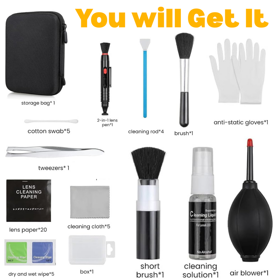 Complete camera cleaning set with wipes, cloth and storage case