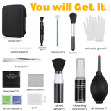 Complete camera cleaning set with wipes, cloth and storage case