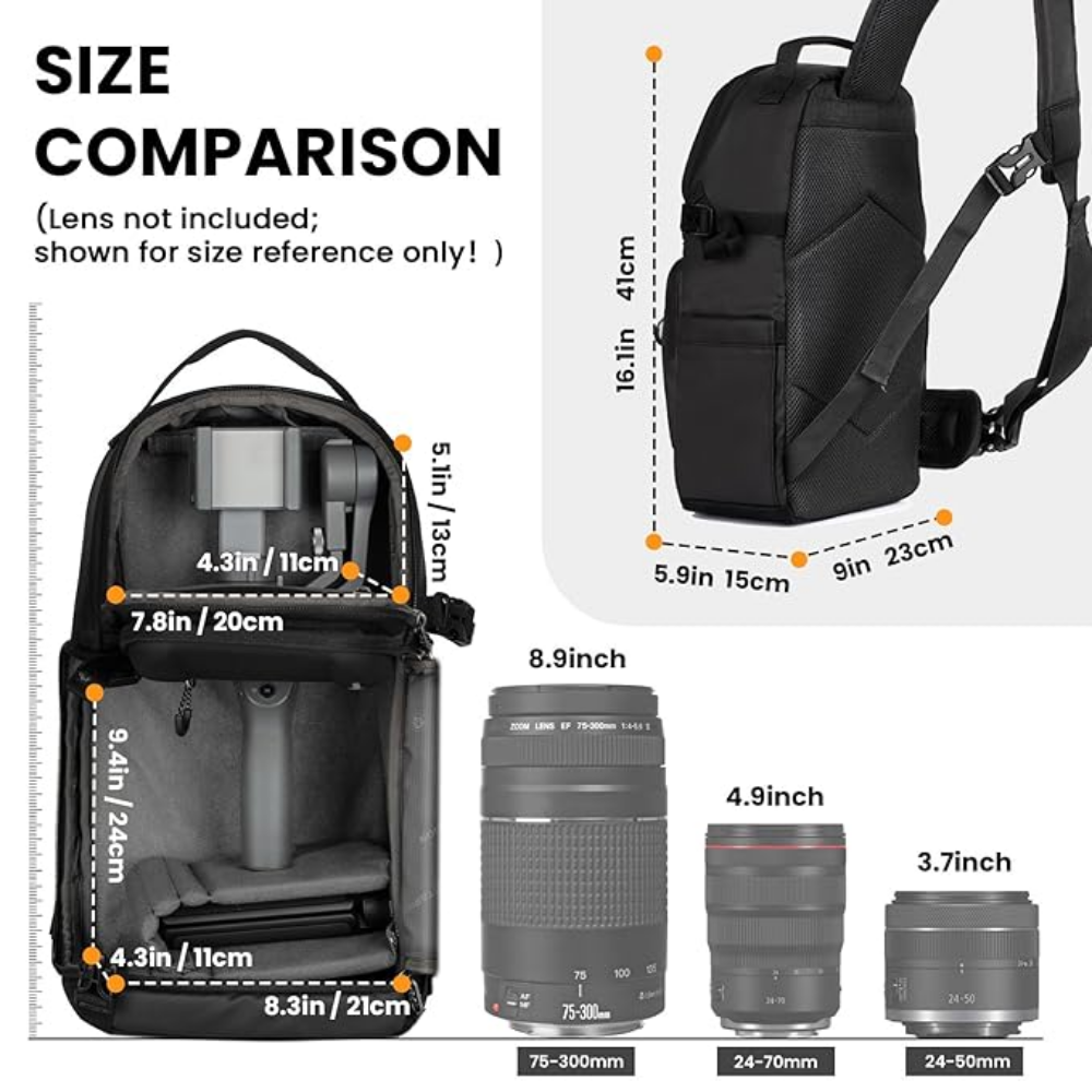 side pocket with tripod strap on camera sling backpack