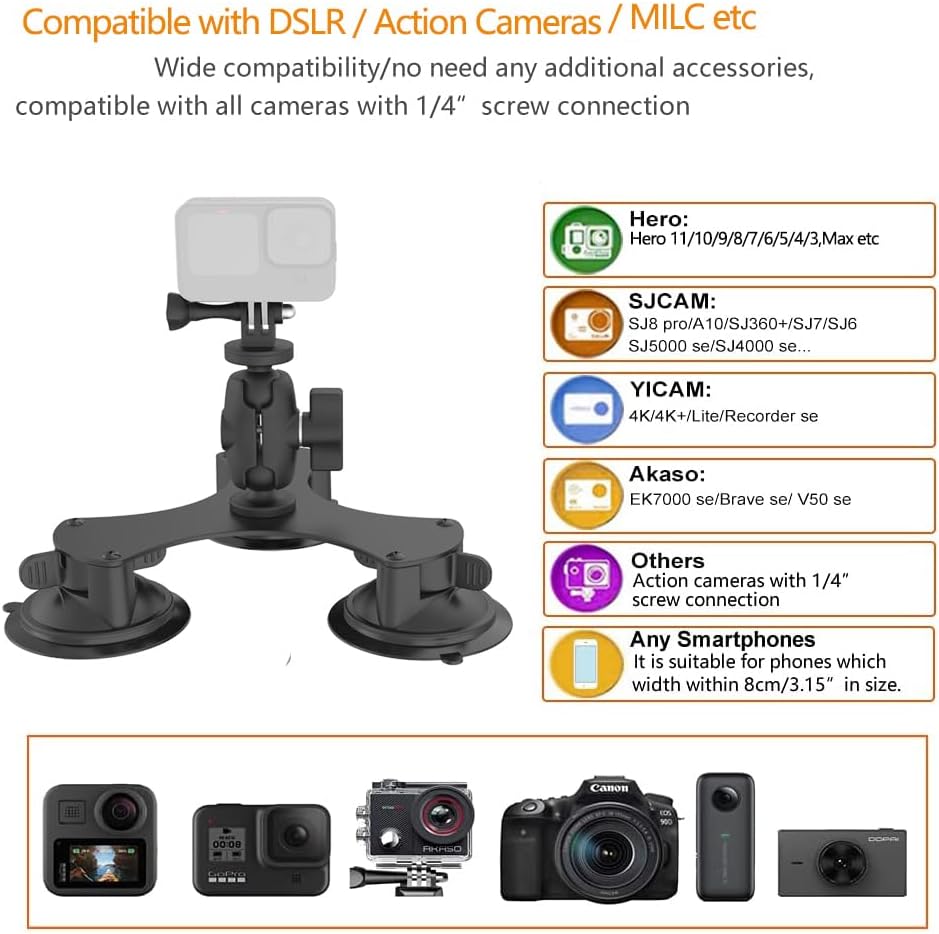 Heavy Duty Suction Camera Mount, Strong Suction Mount for Action Cameras