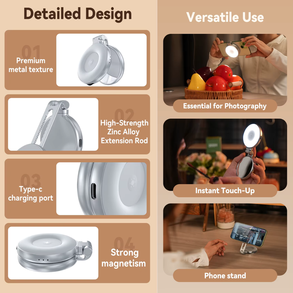 Rechargeable selfie LED light with mirror for beauty shots