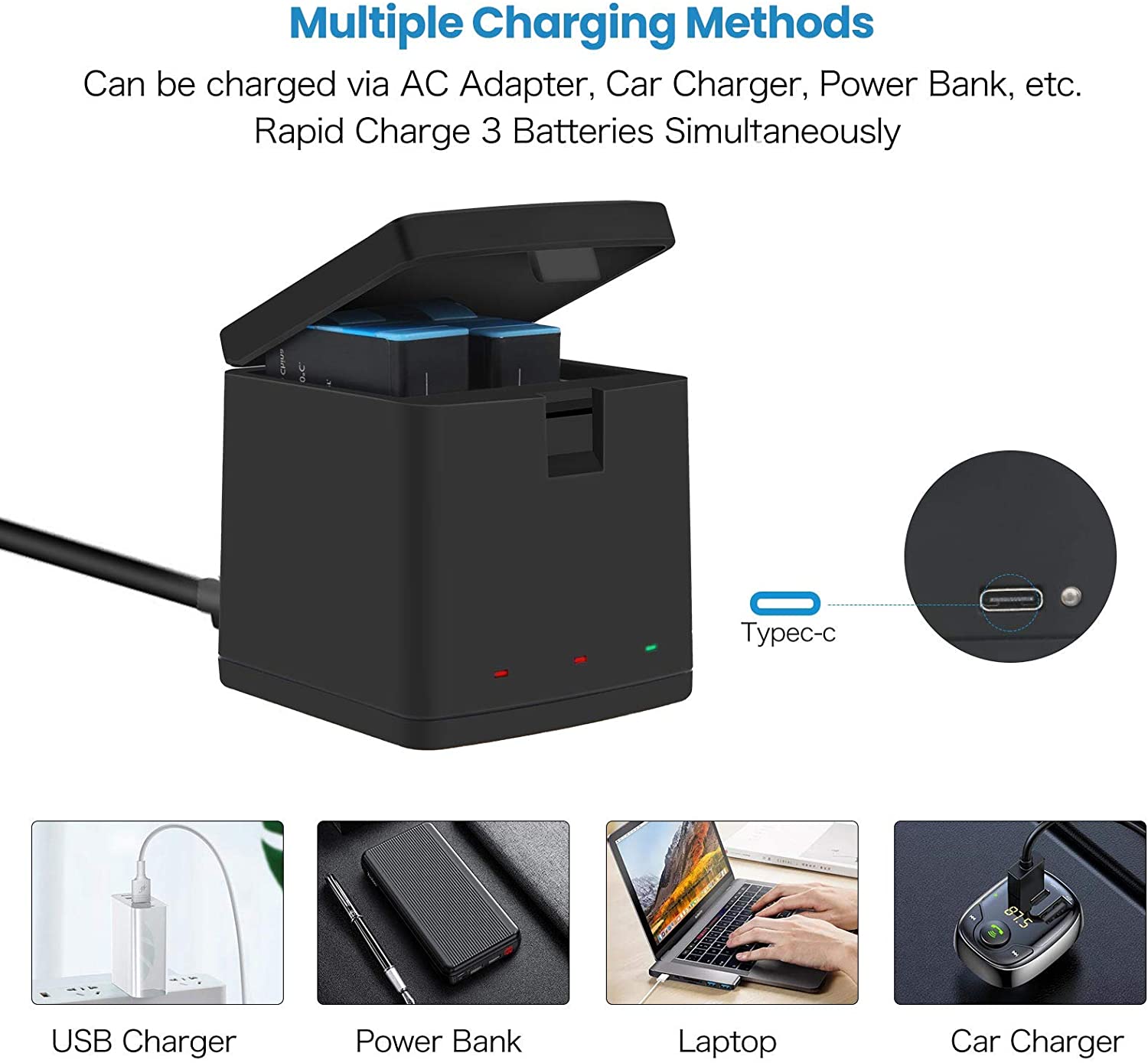 3 Channel AHDBT 901 Battery Charger for GoPro Hero 9 Black Camera