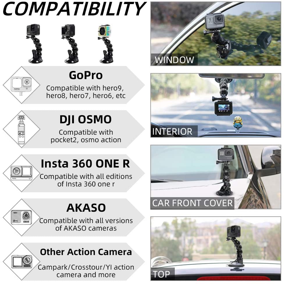 Flexible Car Suction Mount for GoPro Hero 9 8 7 SJCAM DJI Action Cameras
