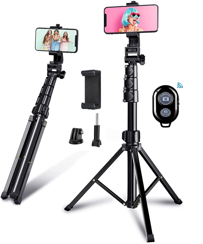 Phone Tripod, 63-inch Selfie Stick Tripod Compatible with  iPhone/Camera/GoPro/Webcam, Lightweight Travel Phone Tripod with Phone  Holder Mount/Wireless
